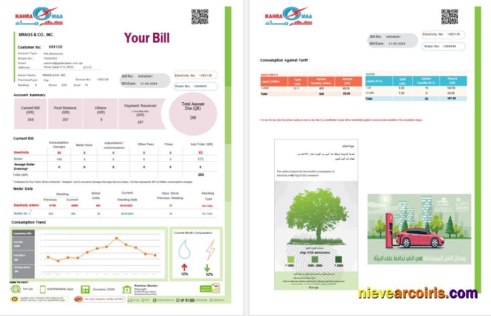 Qatar Kahra Maa business utility bill, 2 pages
