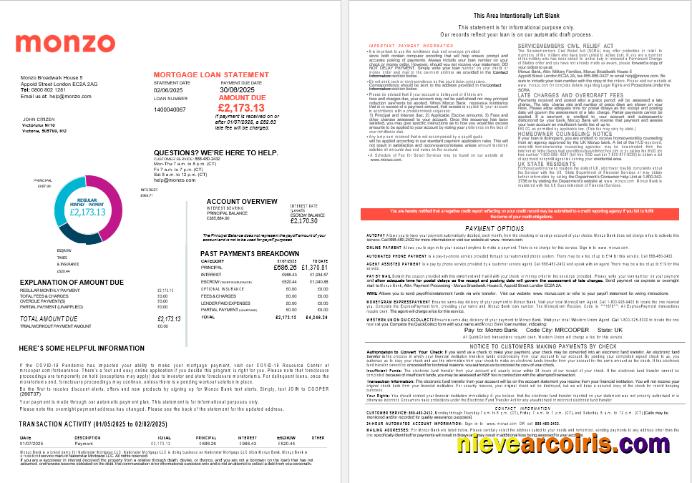 UK Monzo Bank mortgage loan statement in Word and PDF formats,
