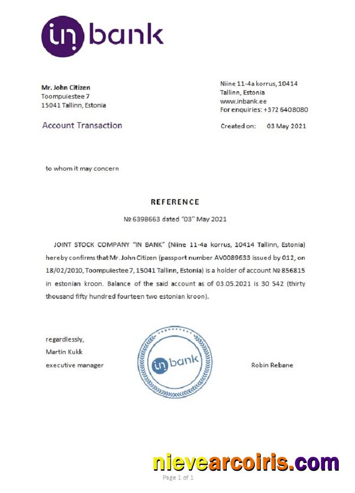 Estonia Inbank reference