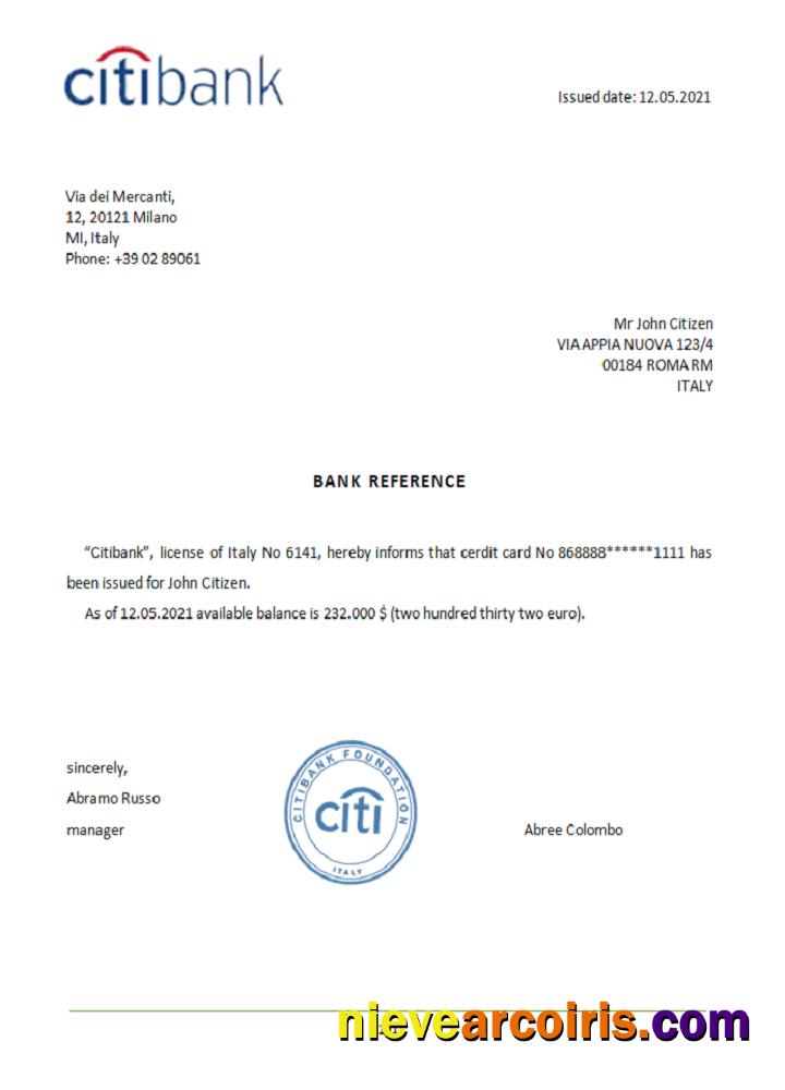 Italy Citibank reference