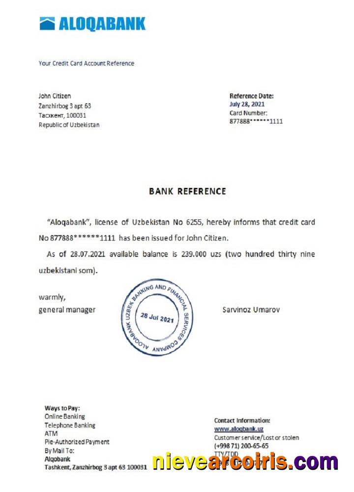 Uzbekistan Aloqabank reference
